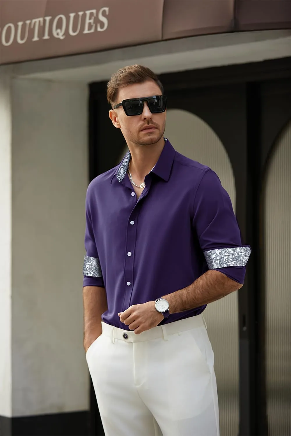 Men's Dress Shirts Long Sleeve Wrinkle-Free Button Down Shirt Men Inner Contrast Stretch Formal Shirts