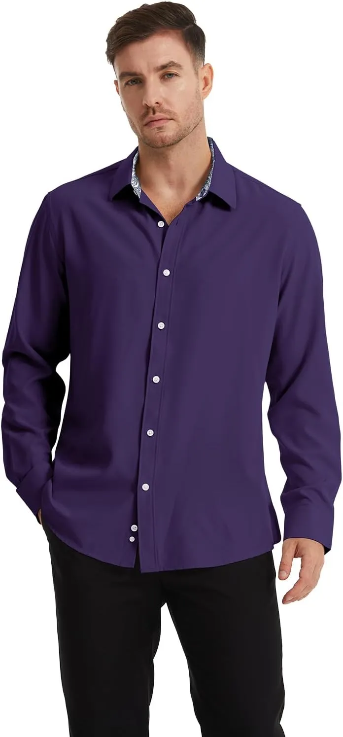 Men's Dress Shirts Long Sleeve Wrinkle-Free Button Down Shirt Men Inner Contrast Stretch Formal Shirts
