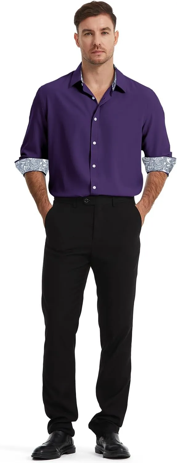 Men's Dress Shirts Long Sleeve Wrinkle-Free Button Down Shirt Men Inner Contrast Stretch Formal Shirts