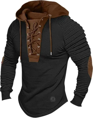 Men's Hoodies Shirt Vintage Medieval Hooded Lace Up Tops Casual Long Sleeve Henley Shirt Tactical Patchwork Tops