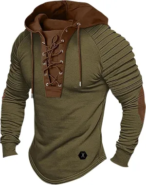 Men's Hoodies Shirt Vintage Medieval Hooded Lace Up Tops Casual Long Sleeve Henley Shirt Tactical Patchwork Tops