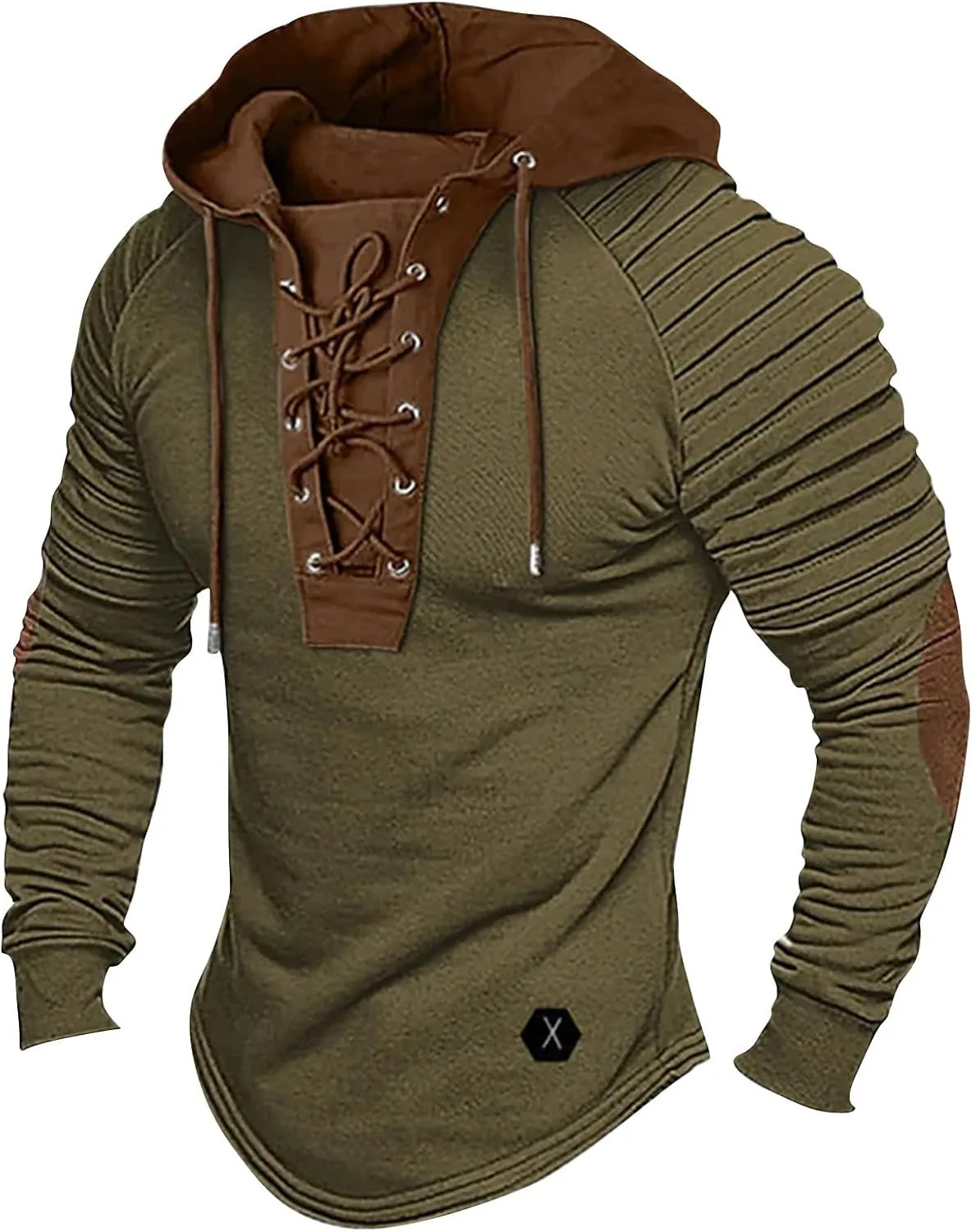 Men's Hoodies Shirt Vintage Medieval Hooded Lace Up Tops Casual Long Sleeve Henley Shirt Tactical Patchwork Tops