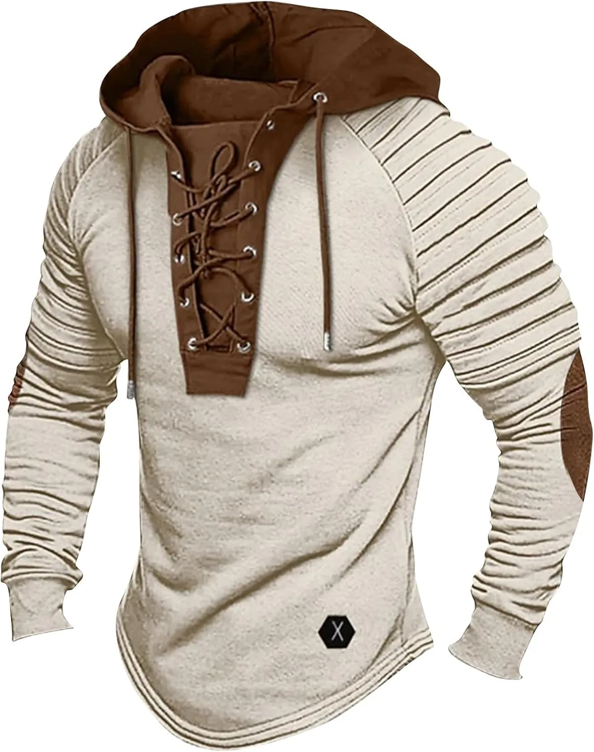 Men's Hoodies Shirt Vintage Medieval Hooded Lace Up Tops Casual Long Sleeve Henley Shirt Tactical Patchwork Tops