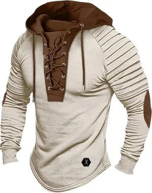 Men's Hoodies Shirt Vintage Medieval Hooded Lace Up Tops Casual Long Sleeve Henley Shirt Tactical Patchwork Tops