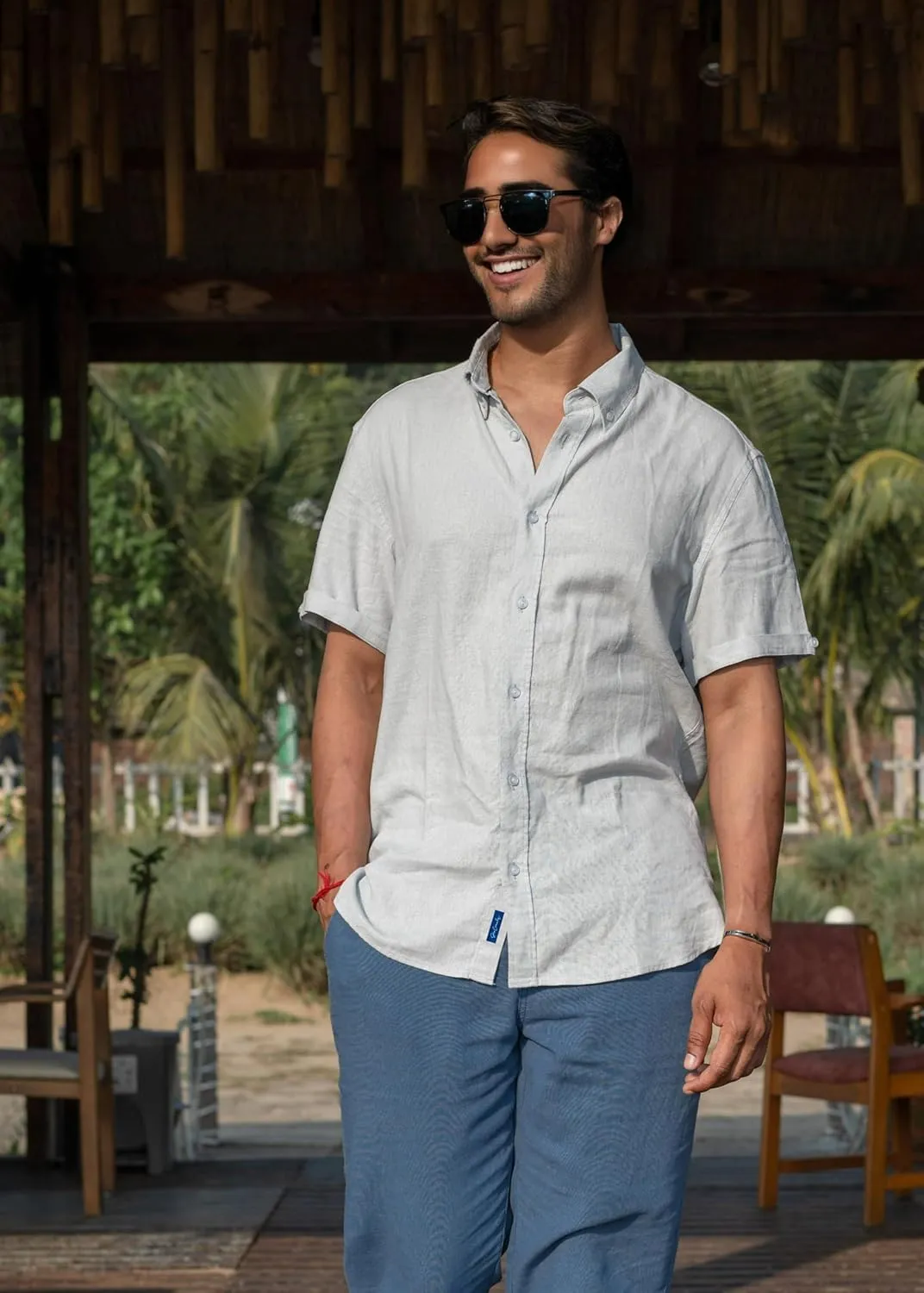 Mens Linen Blend Short Sleeve Casual Shirt for Vacation, Holiday, Casual Party, Lightweight Button Down Shirt