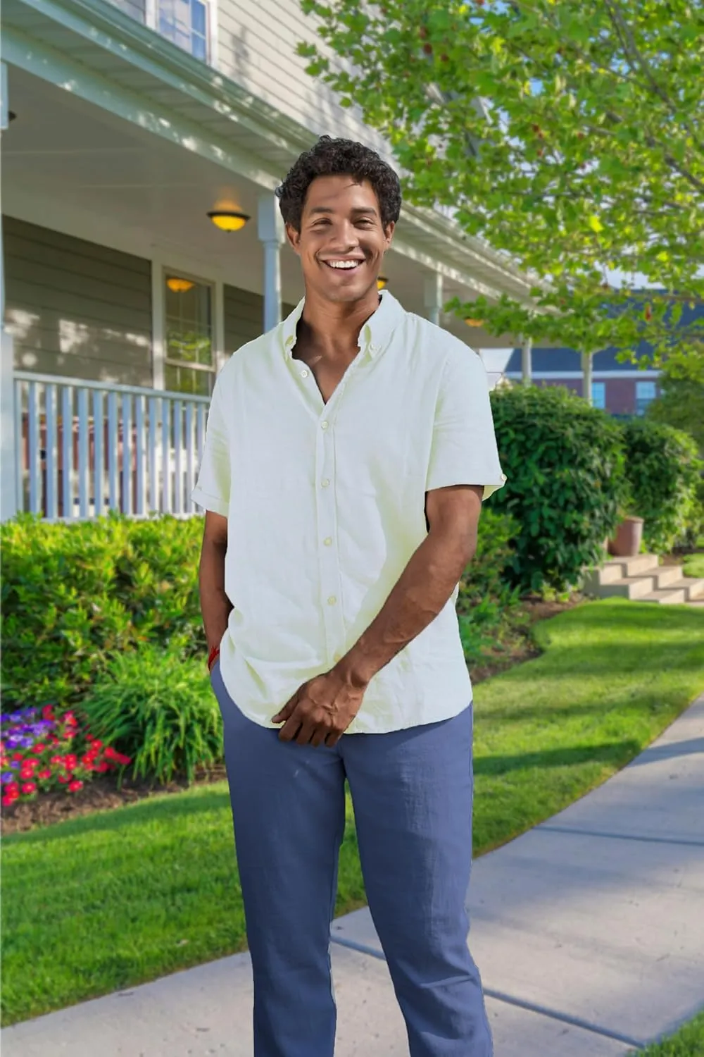Mens Linen Blend Short Sleeve Casual Shirt for Vacation, Holiday, Casual Party, Lightweight Button Down Shirt