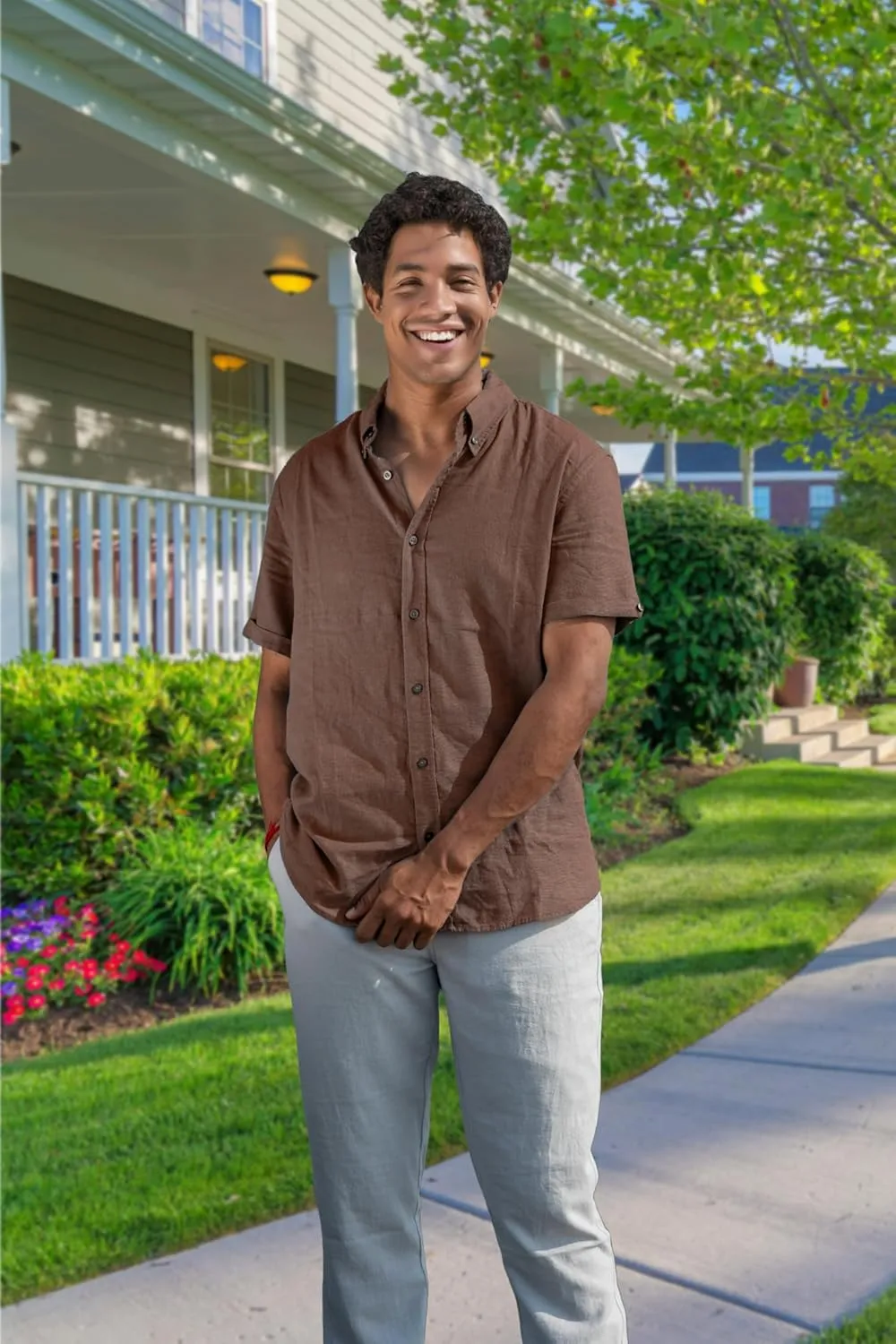 Mens Linen Blend Short Sleeve Casual Shirt for Vacation, Holiday, Casual Party, Lightweight Button Down Shirt