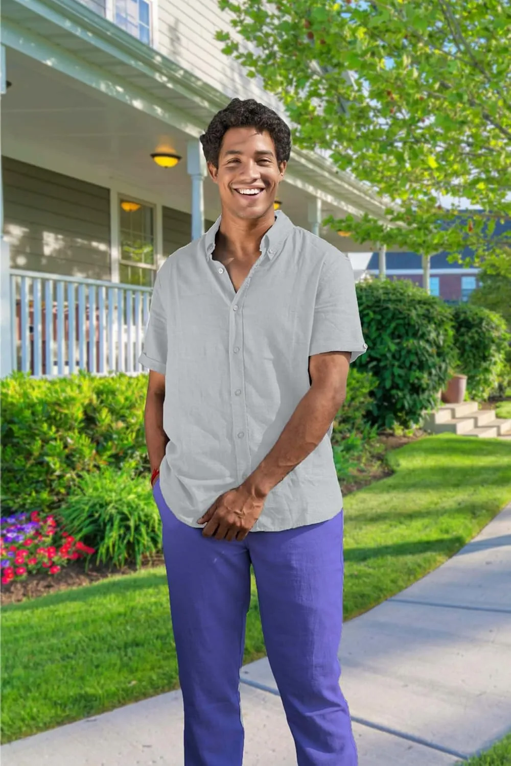 Mens Linen Blend Short Sleeve Casual Shirt for Vacation, Holiday, Casual Party, Lightweight Button Down Shirt