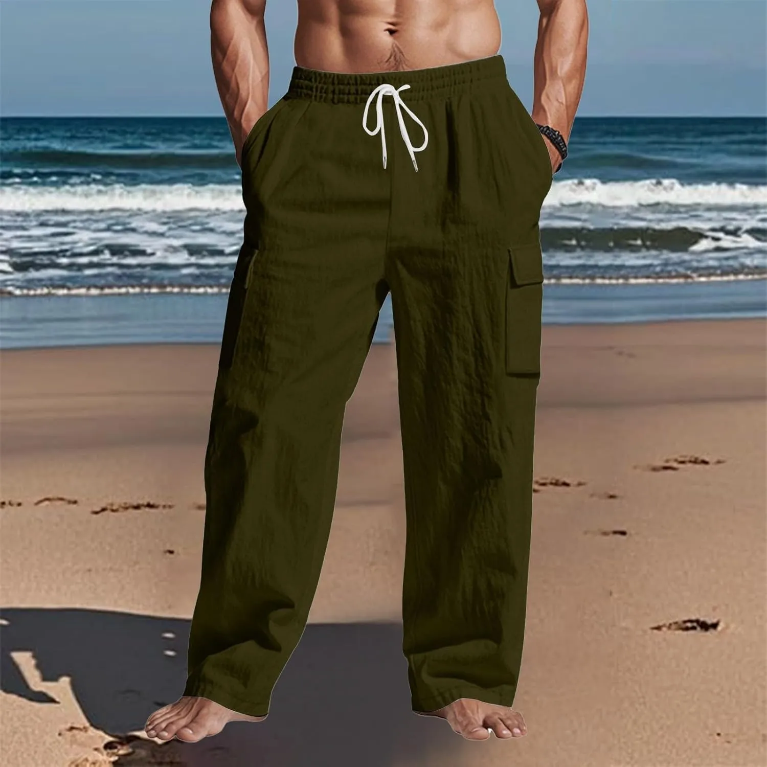 Men's Linen Breathable Cargo Multi-Pocket Loose Casual Wide Leg Pants
