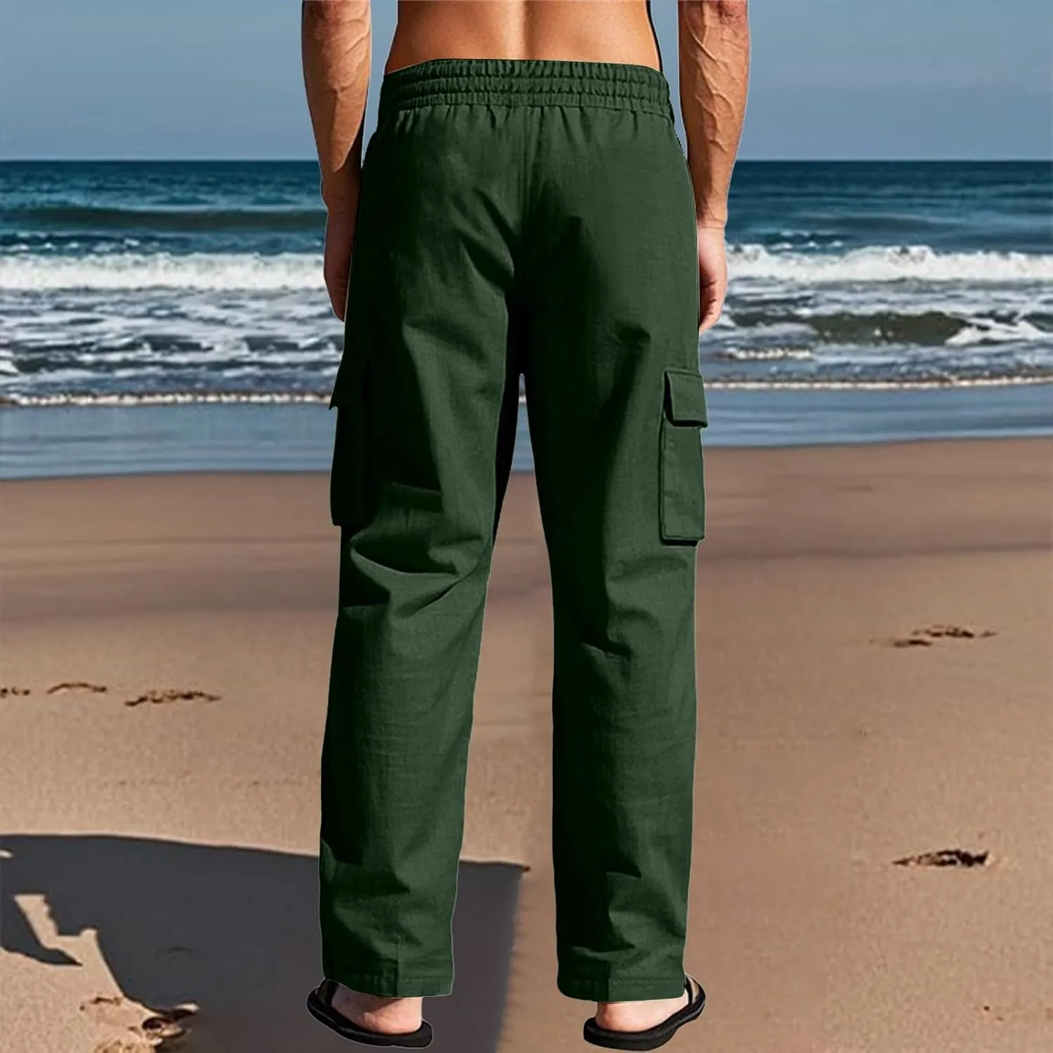 Men's Linen Breathable Cargo Multi-Pocket Loose Casual Wide Leg Pants