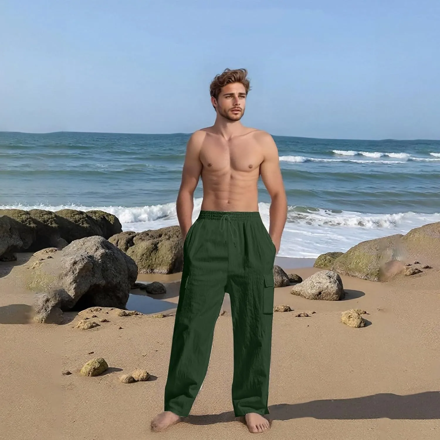 Men's Linen Breathable Cargo Multi-Pocket Loose Casual Wide Leg Pants