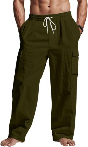 Men's Linen Breathable Cargo Multi-Pocket Loose Casual Wide Leg Pants