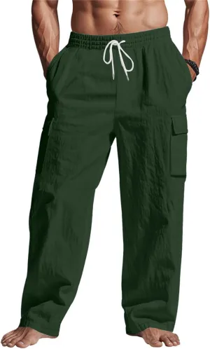 Men's Linen Breathable Cargo Multi-Pocket Loose Casual Wide Leg Pants