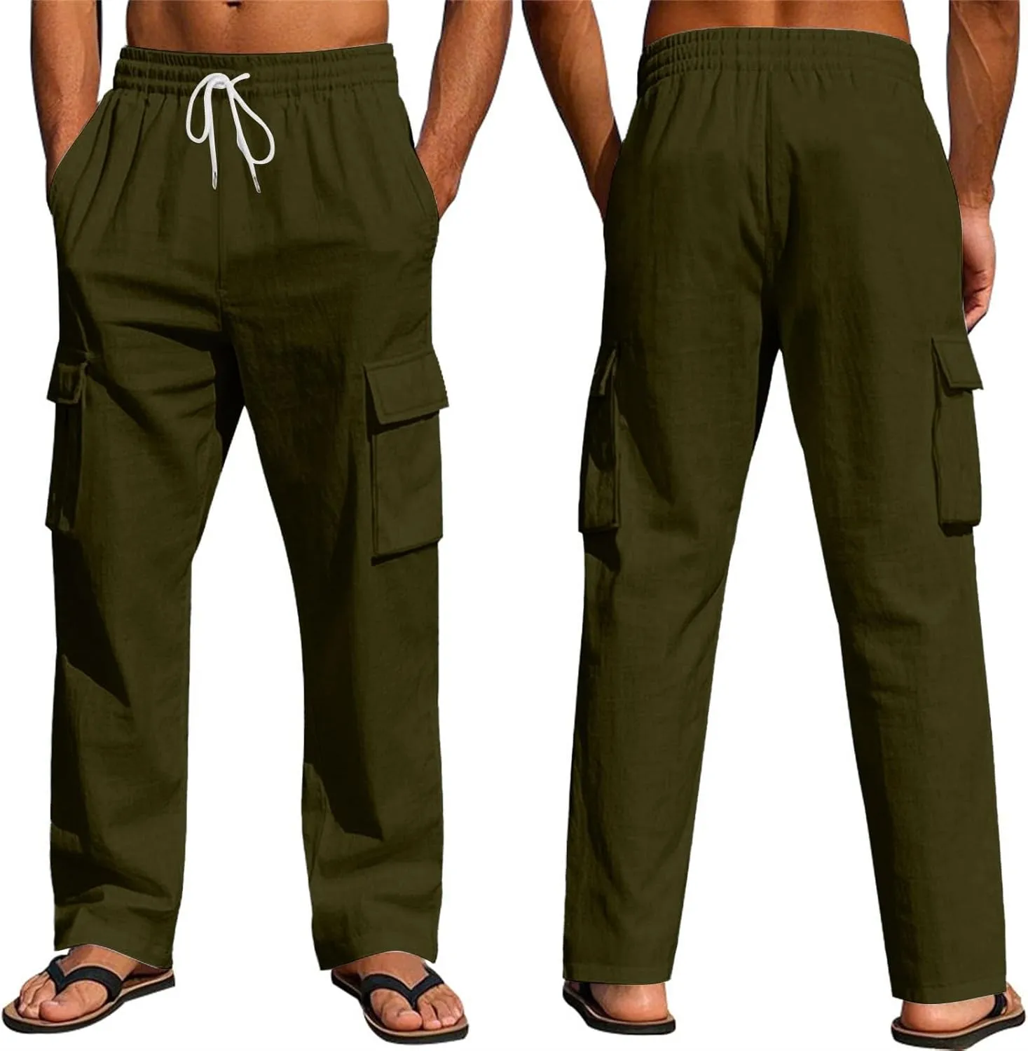 Men's Linen Breathable Cargo Multi-Pocket Loose Casual Wide Leg Pants
