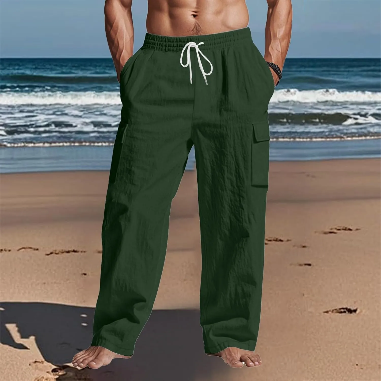 Men's Linen Breathable Cargo Multi-Pocket Loose Casual Wide Leg Pants