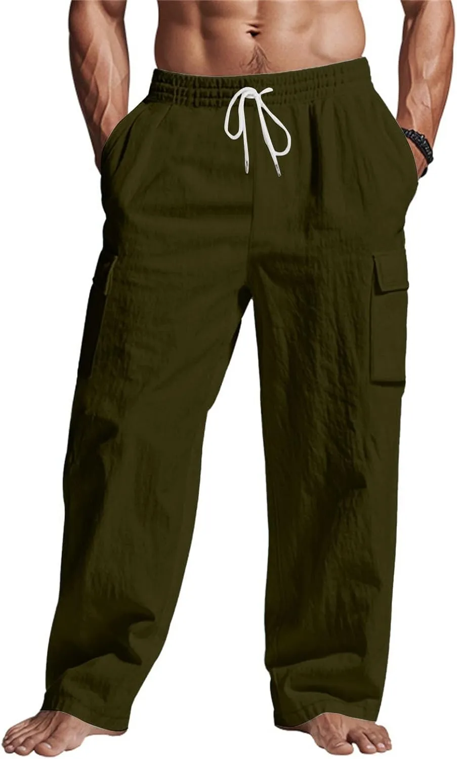 Men's Linen Breathable Cargo Multi-Pocket Loose Casual Wide Leg Pants