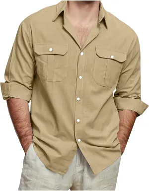 Mens Linen Shirt Casual Button Down Long Sleeve Trendy Business Tops with Pockets Solid Color Basic Lapel Shirt 2025