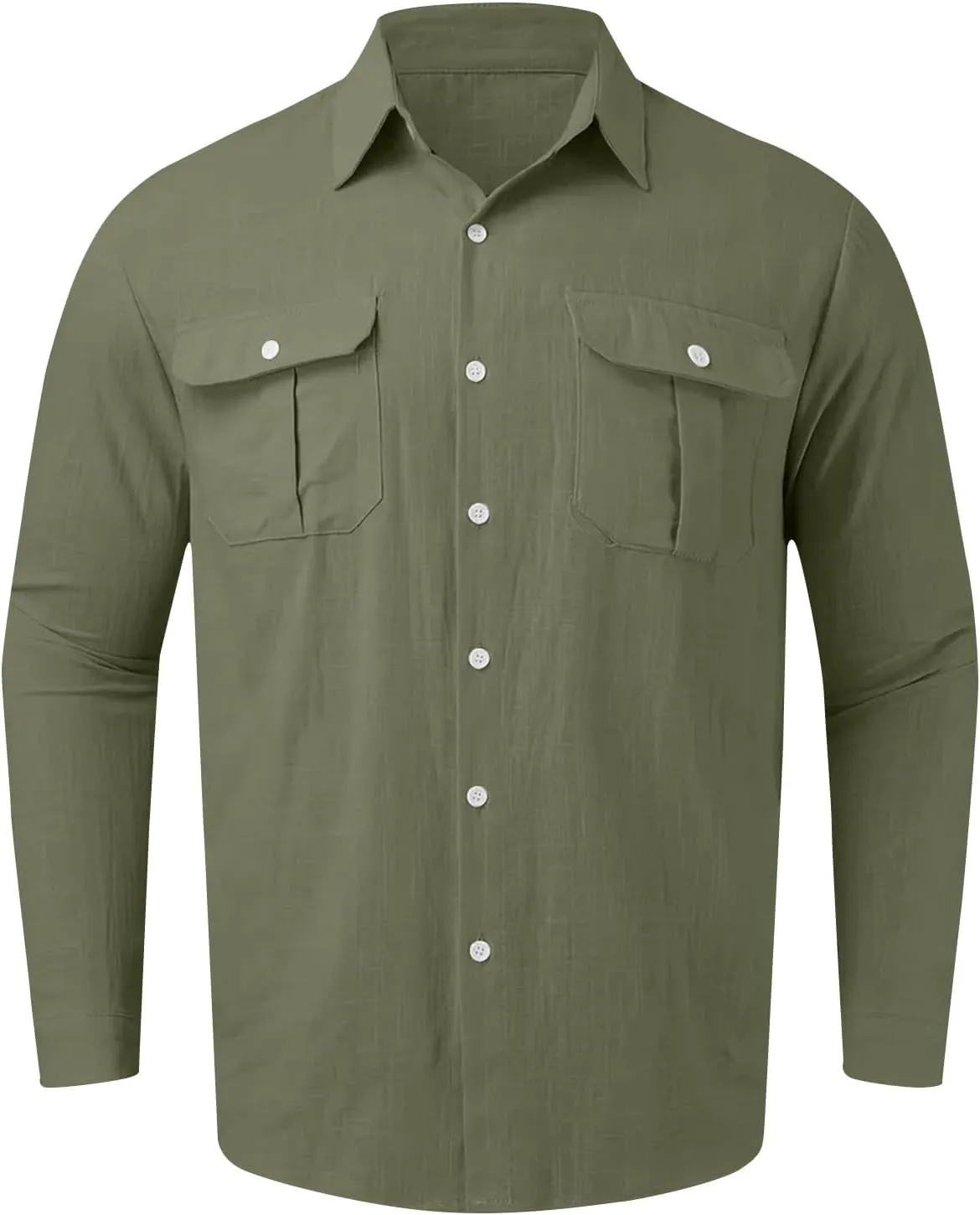 Mens Linen Shirt Casual Button Down Long Sleeve Trendy Business Tops with Pockets Solid Color Basic Lapel Shirt 2025