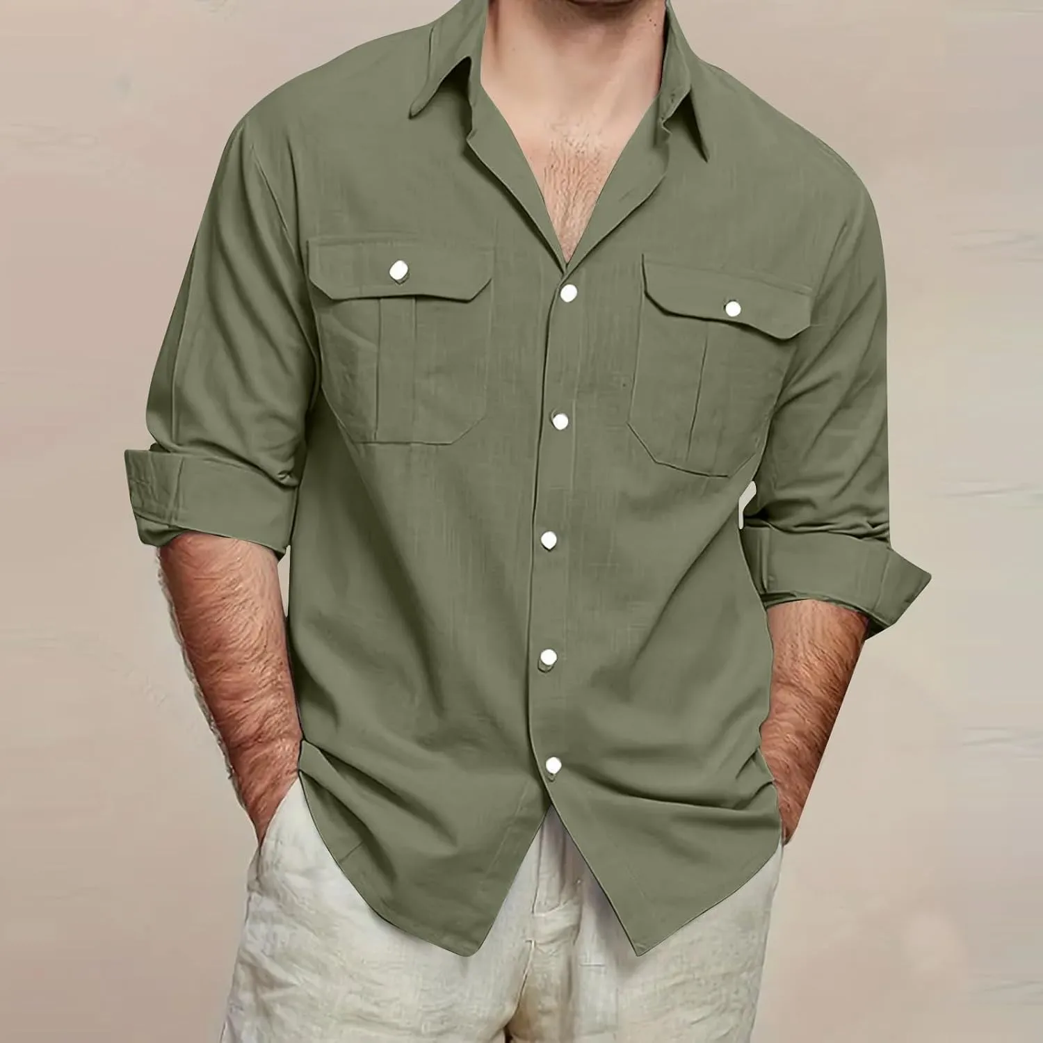 Mens Linen Shirt Casual Button Down Long Sleeve Trendy Business Tops with Pockets Solid Color Basic Lapel Shirt 2025