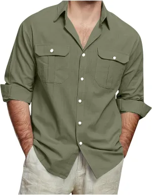 Mens Linen Shirt Casual Button Down Long Sleeve Trendy Business Tops with Pockets Solid Color Basic Lapel Shirt 2025