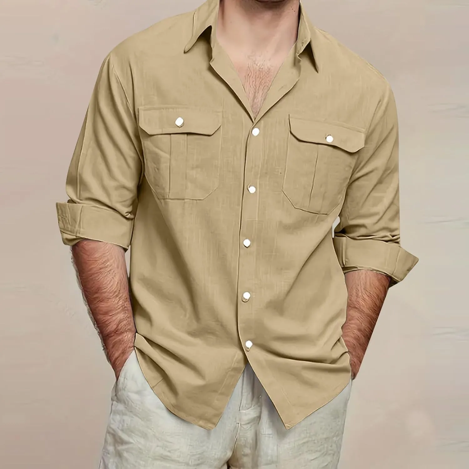 Mens Linen Shirt Casual Button Down Long Sleeve Trendy Business Tops with Pockets Solid Color Basic Lapel Shirt 2025
