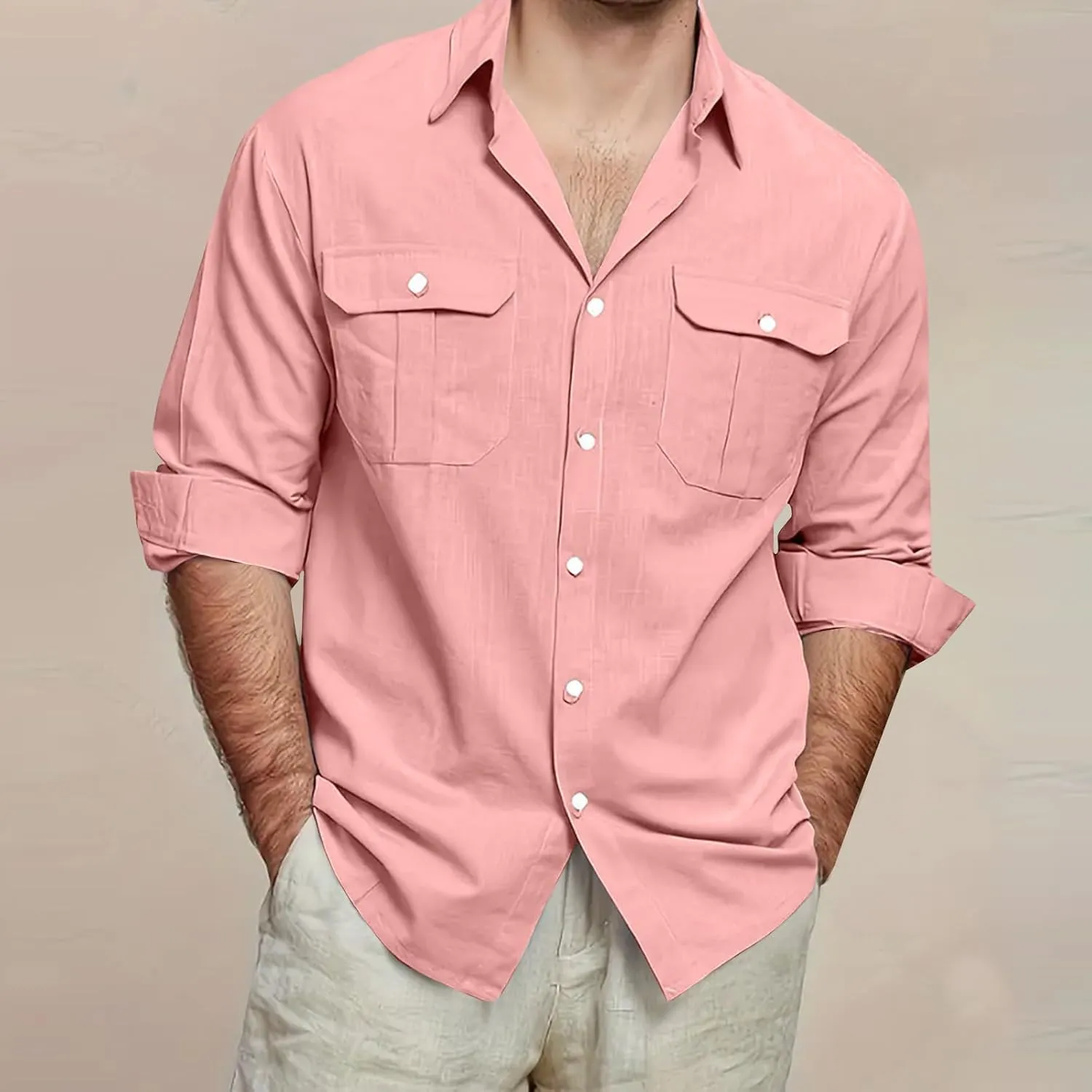 Mens Linen Shirt Casual Button Down Long Sleeve Trendy Business Tops with Pockets Solid Color Basic Lapel Shirt 2025