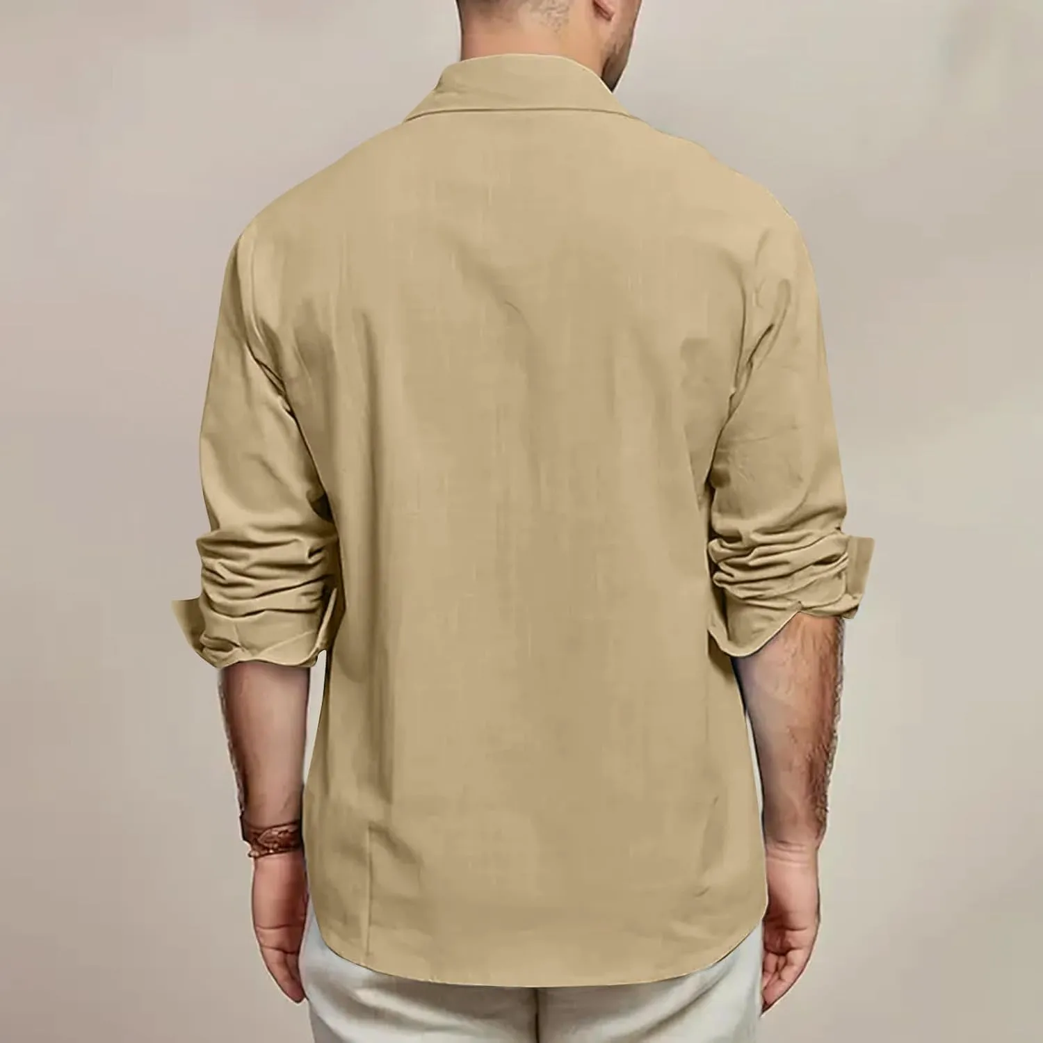 Mens Linen Shirt Casual Button Down Long Sleeve Trendy Business Tops with Pockets Solid Color Basic Lapel Shirt 2025