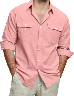 Mens Linen Shirt Casual Button Down Long Sleeve Trendy Business Tops with Pockets Solid Color Basic Lapel Shirt 2025