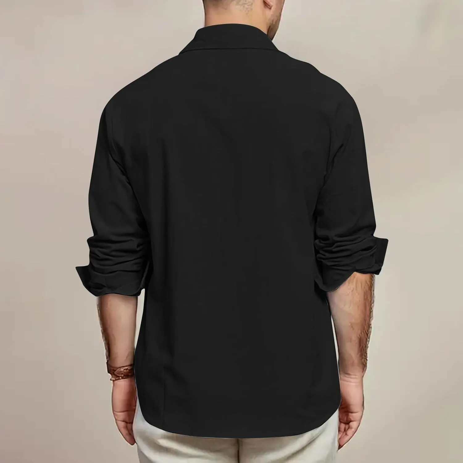 Mens Linen Shirt Casual Button Down Long Sleeve Trendy Business Tops with Pockets Solid Color Basic Lapel Shirt 2025
