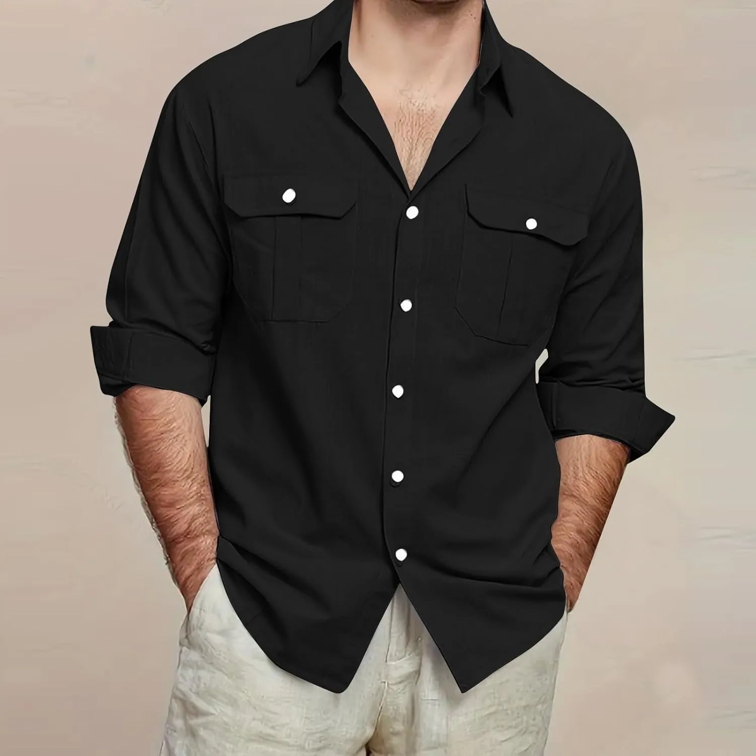 Mens Linen Shirt Casual Button Down Long Sleeve Trendy Business Tops with Pockets Solid Color Basic Lapel Shirt 2025