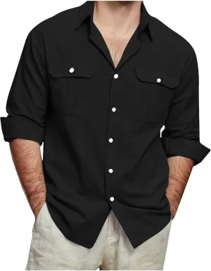 Mens Linen Shirt Casual Button Down Long Sleeve Trendy Business Tops with Pockets Solid Color Basic Lapel Shirt 2025