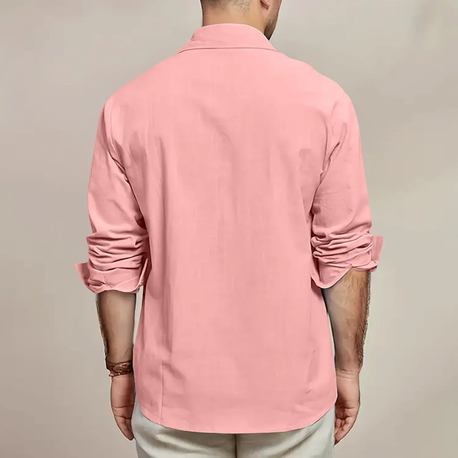 Mens Linen Shirt Casual Button Down Long Sleeve Trendy Business Tops with Pockets Solid Color Basic Lapel Shirt 2025