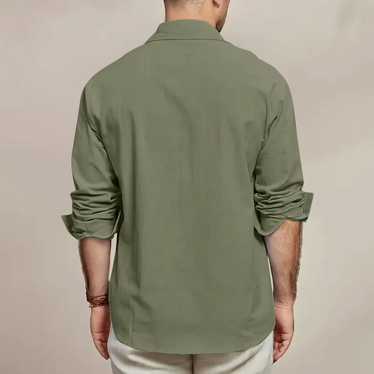 Mens Linen Shirt Casual Button Down Long Sleeve Trendy Business Tops with Pockets Solid Color Basic Lapel Shirt 2025