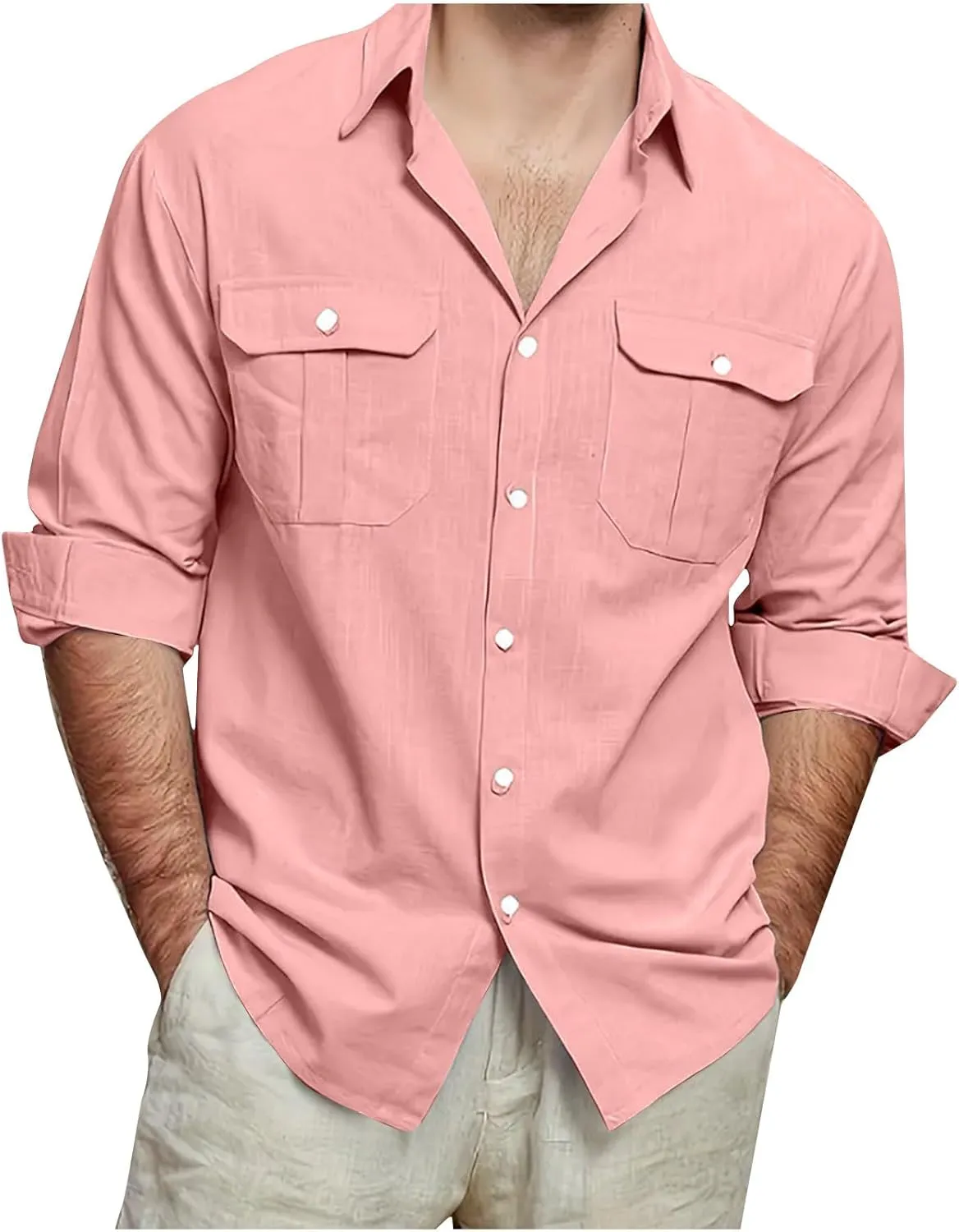 Mens Linen Shirt Casual Button Down Long Sleeve Trendy Business Tops with Pockets Solid Color Basic Lapel Shirt 2025