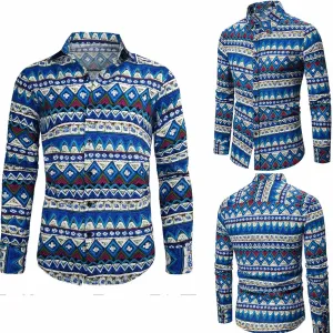 Men's Linen Shirts Striped Ethnic Style Long Sleeve Button Down Shirt Vintage Aztec Casual Trendy Summer Clothes 2025