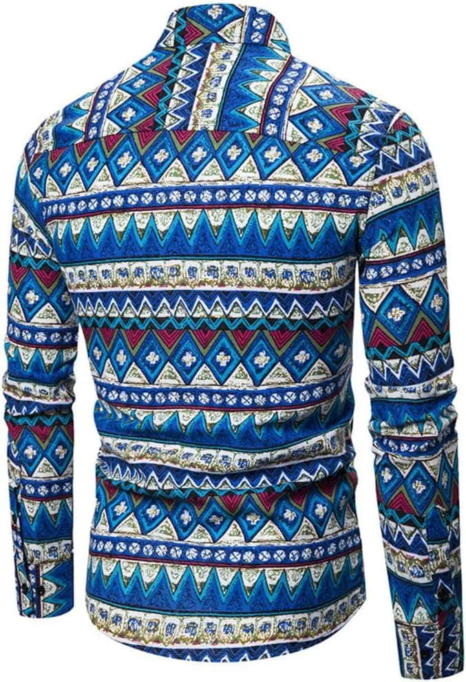 Men's Linen Shirts Striped Ethnic Style Long Sleeve Button Down Shirt Vintage Aztec Casual Trendy Summer Clothes 2025