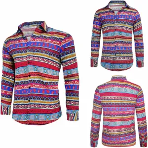 Men's Linen Shirts Striped Ethnic Style Long Sleeve Button Down Shirt Vintage Aztec Casual Trendy Summer Clothes 2025