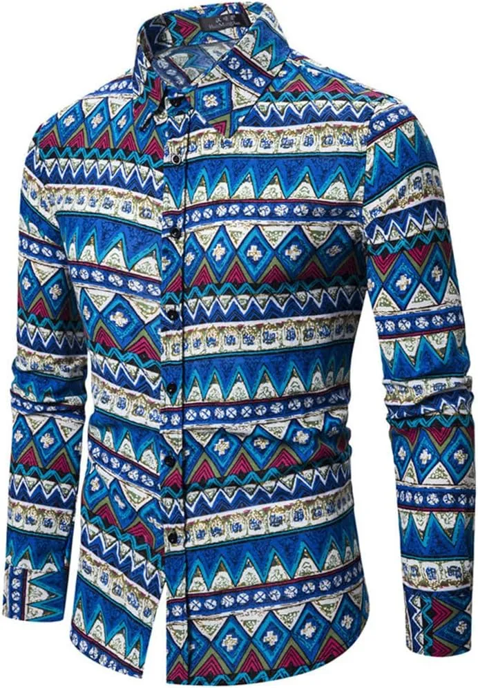 Men's Linen Shirts Striped Ethnic Style Long Sleeve Button Down Shirt Vintage Aztec Casual Trendy Summer Clothes 2025