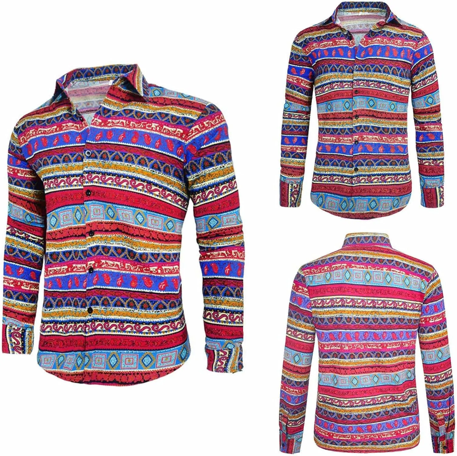 Men's Linen Shirts Striped Ethnic Style Long Sleeve Button Down Shirt Vintage Aztec Casual Trendy Summer Clothes 2025