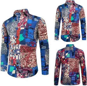 Men's Linen Shirts Striped Ethnic Style Long Sleeve Button Down Shirt Vintage Aztec Casual Trendy Summer Clothes 2025