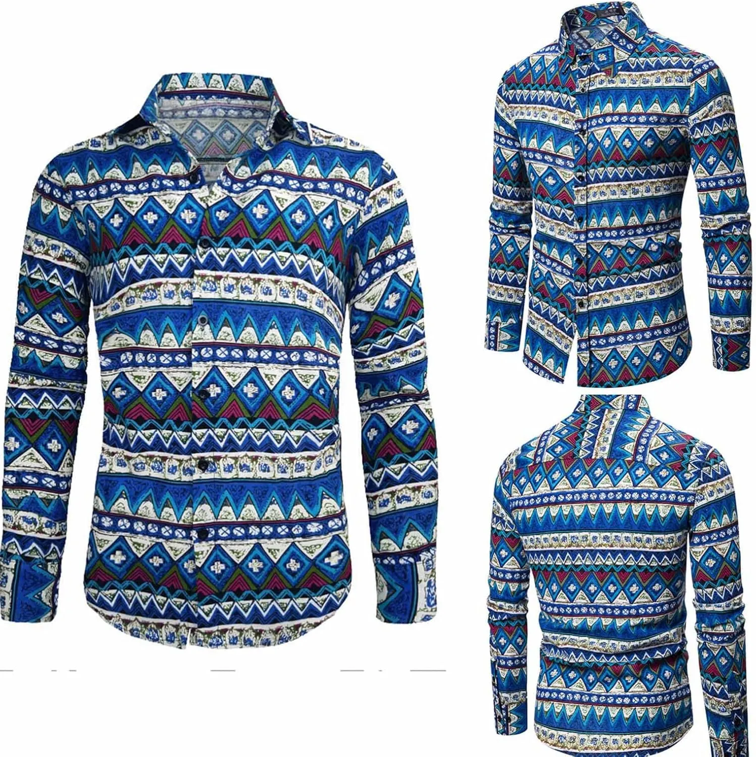 Men's Linen Shirts Striped Ethnic Style Long Sleeve Button Down Shirt Vintage Aztec Casual Trendy Summer Clothes 2025