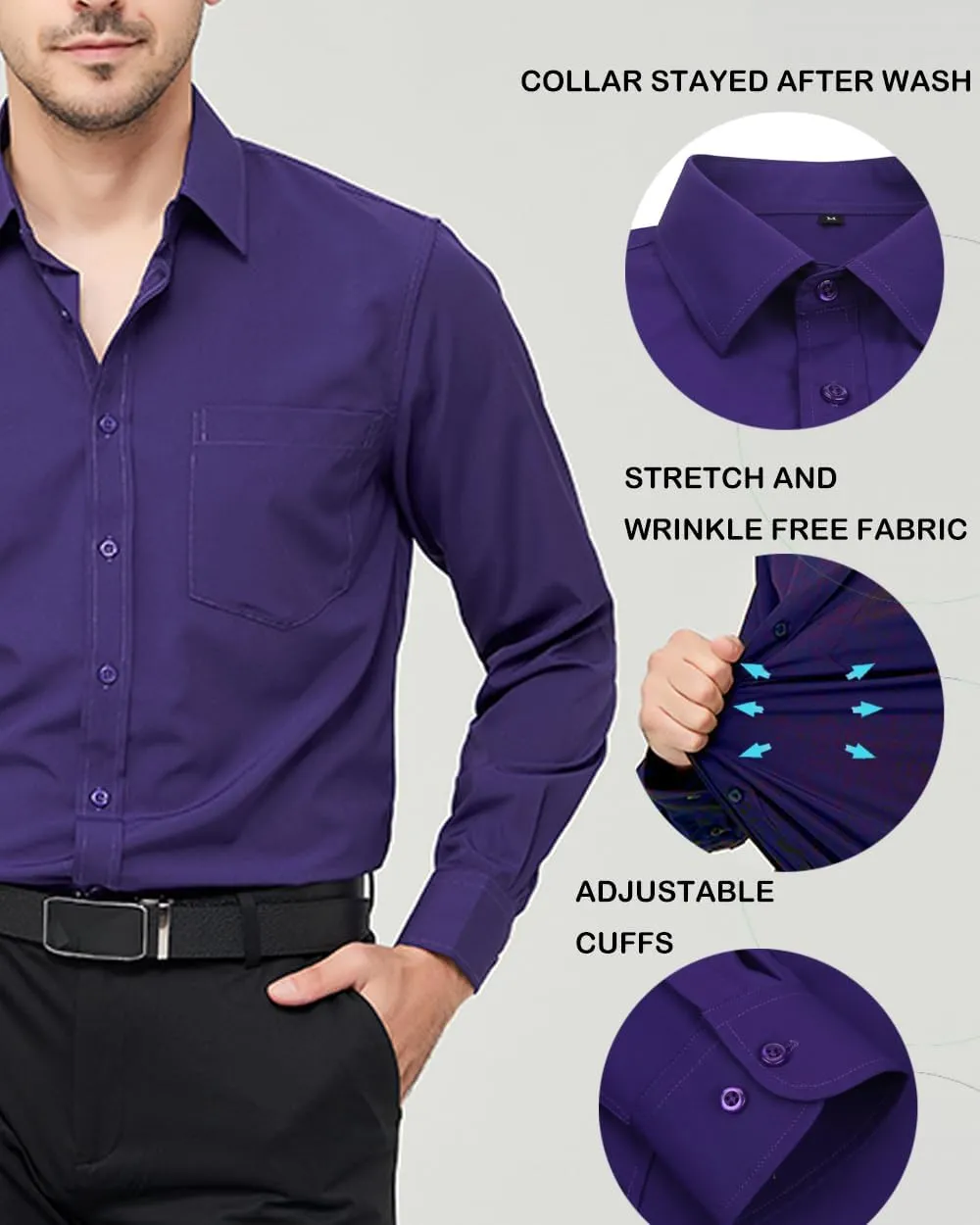 Men's Long Sleeve Dress Shirts Regular Fit and Wrinkle Free Stretch Buttown Down Shirt with Pocket