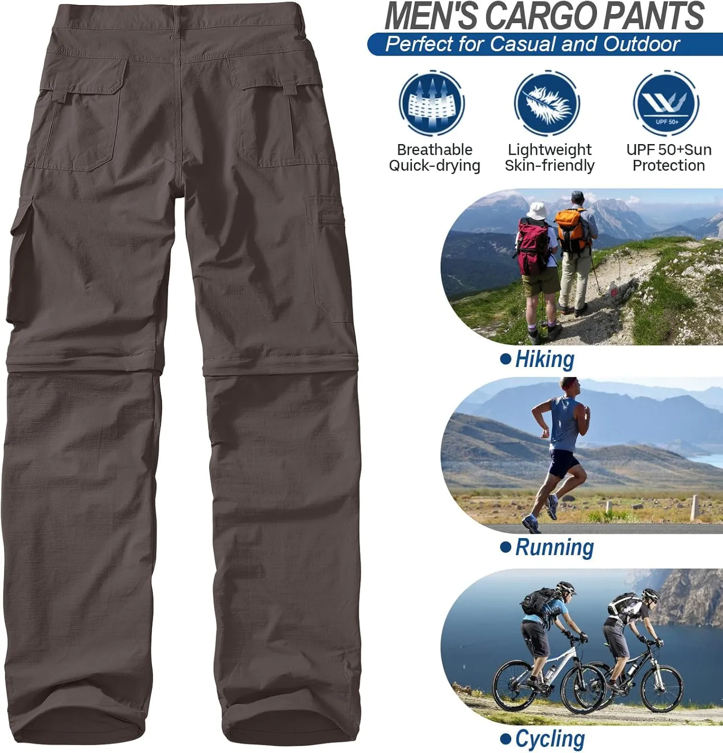 Men's Outdoor Quick Dry Convertible Lightweight Hiking Fishing Zip Off Safari Trousers