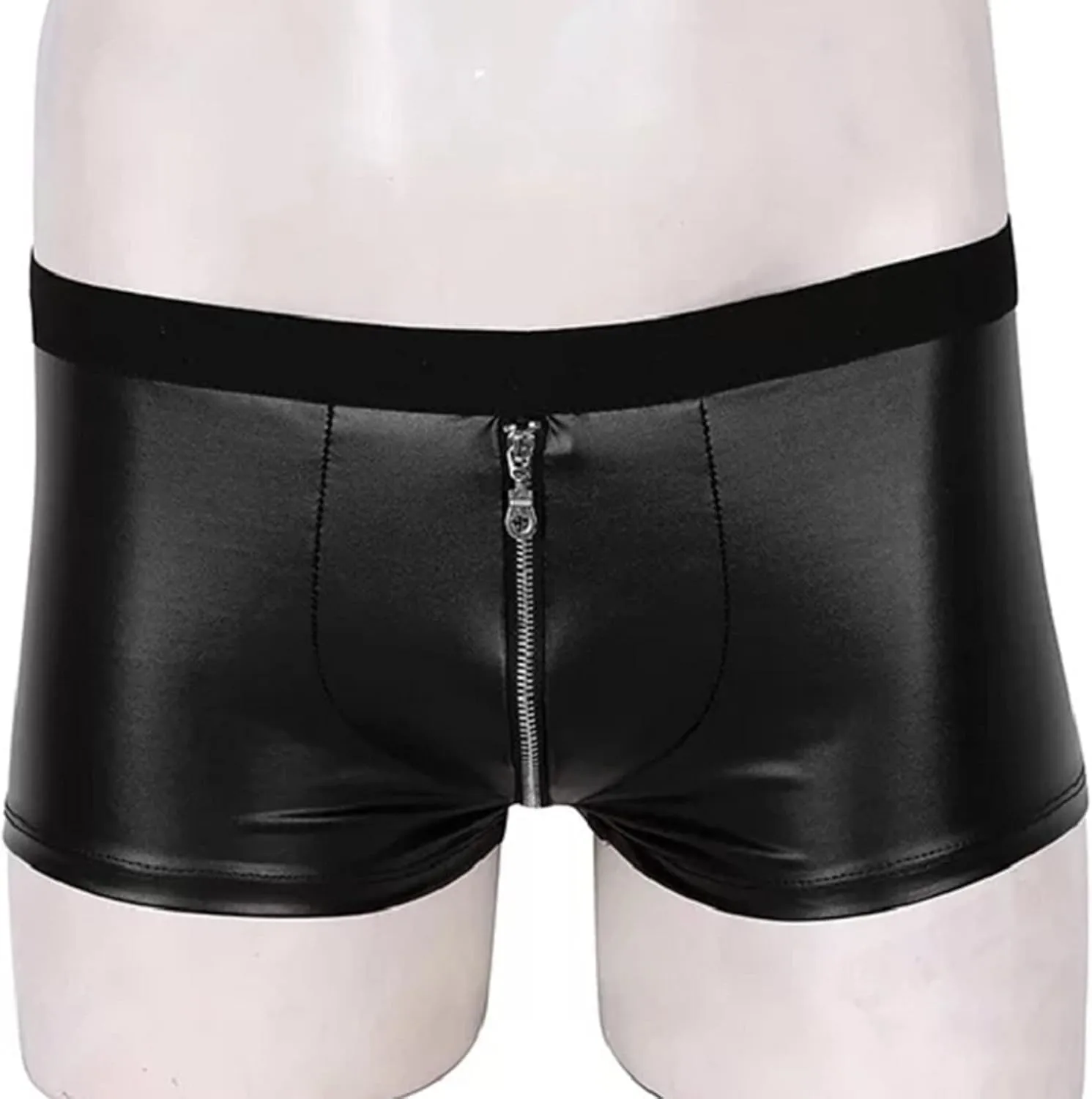Men's PU Leather Boxer Brief Sexy Zipper Front Underwear Bulge Pouch Panties Low Waist Bikini Breathable Lingerie
