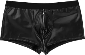 Men's PU Leather Boxer Brief Sexy Zipper Front Underwear Bulge Pouch Panties Low Waist Bikini Breathable Lingerie