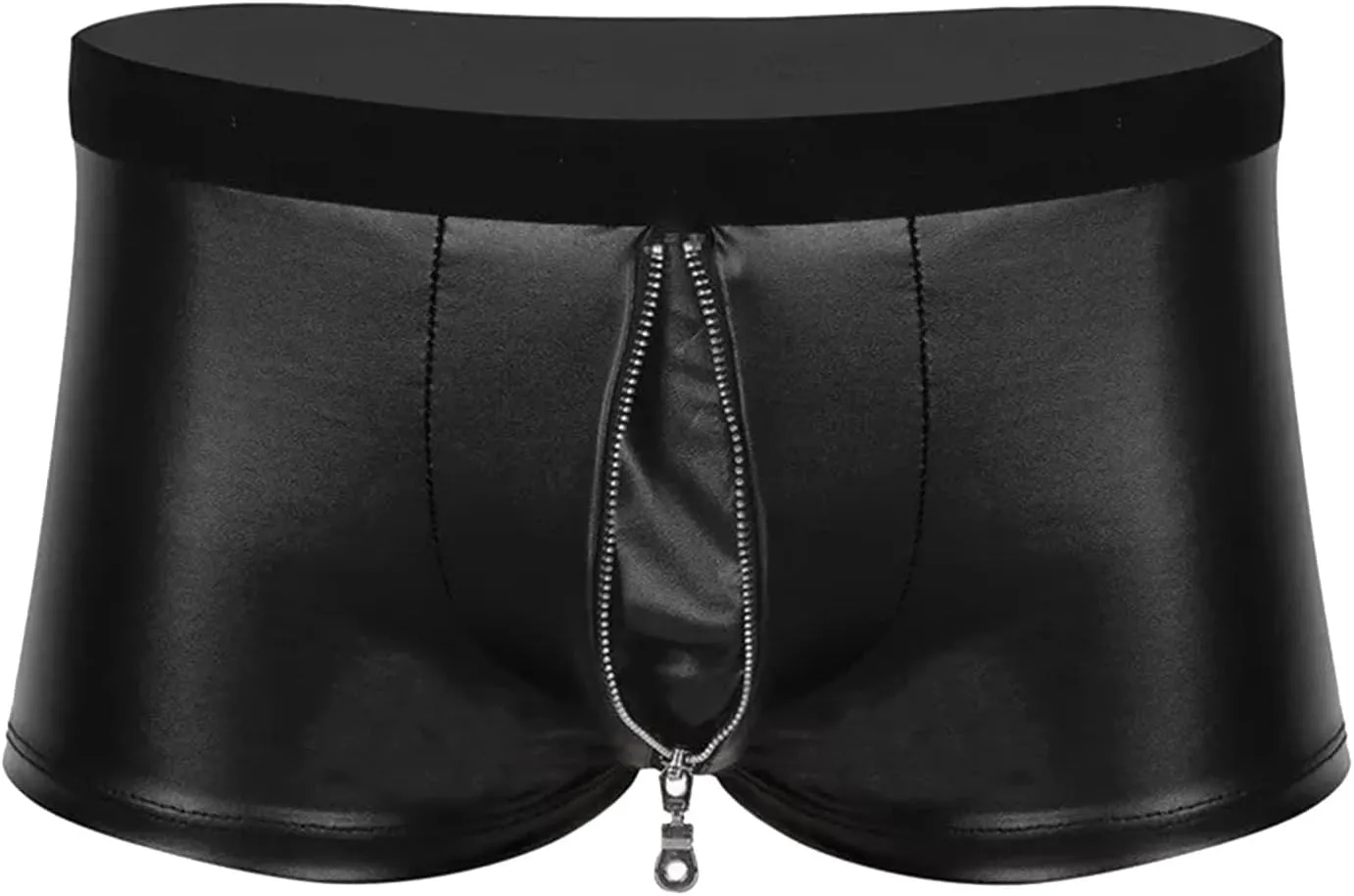 Men's PU Leather Boxer Brief Sexy Zipper Front Underwear Bulge Pouch Panties Low Waist Bikini Breathable Lingerie