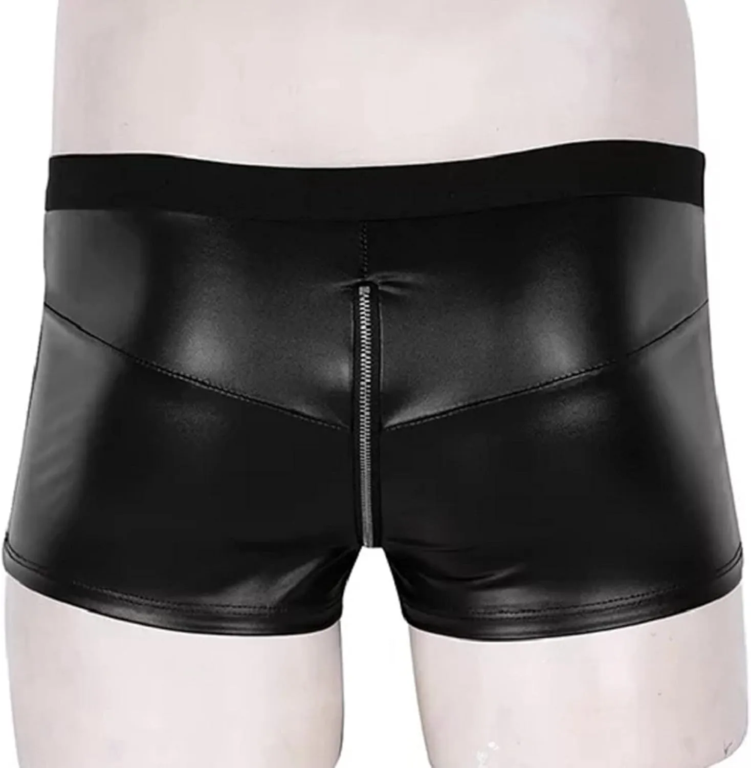 Men's PU Leather Boxer Brief Sexy Zipper Front Underwear Bulge Pouch Panties Low Waist Bikini Breathable Lingerie