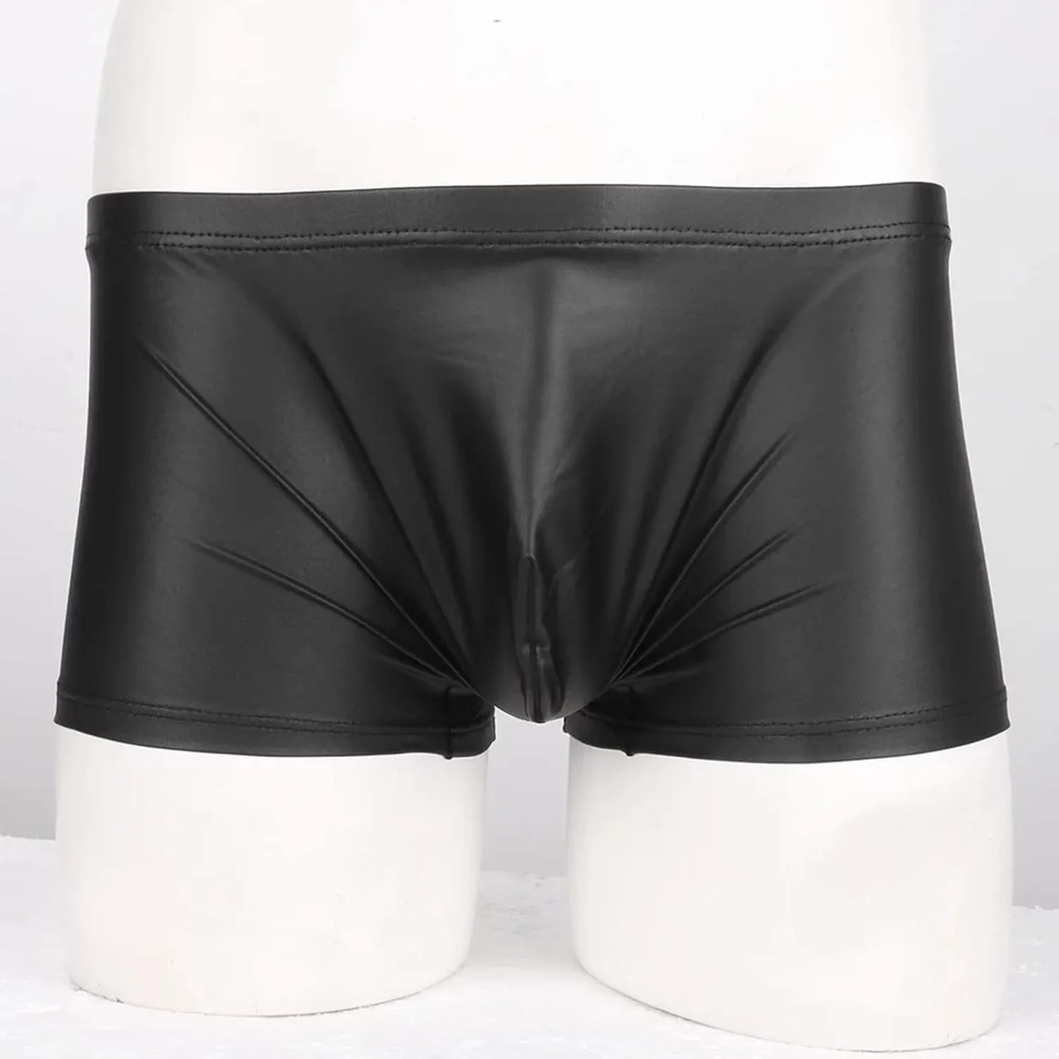 Men's Sexy Patent Leather Boxer Briefs Bulge Pouch Underwear Low Waist Panties Stretch Breathable Swimsuit Boyshorts