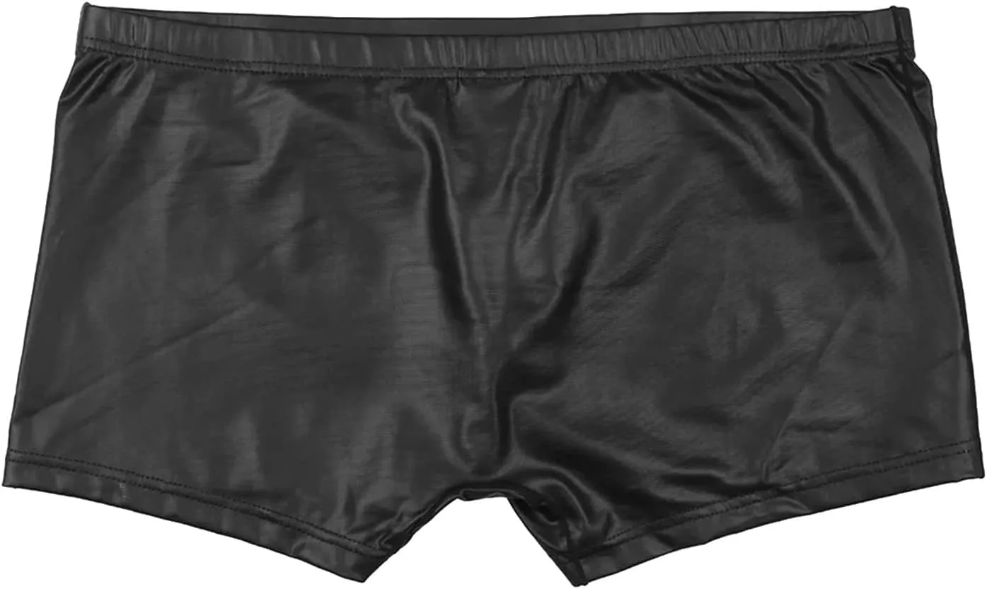 Men's Sexy Patent Leather Boxer Briefs Bulge Pouch Underwear Low Waist Panties Stretch Breathable Swimsuit Boyshorts