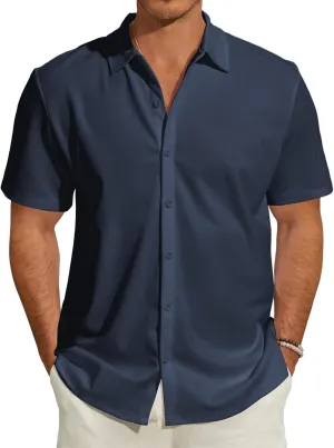 Men's Short Sleeve Dress Shirts Stretch Wrinkle Free Casual Button Down Solid Formal Top